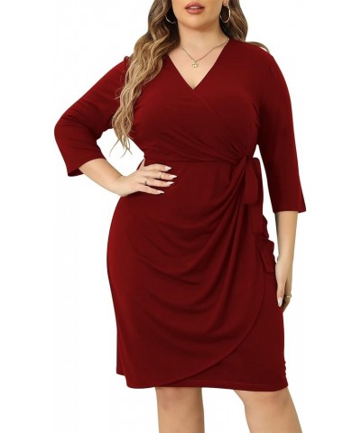 Womens Plus Size Ruched Wrap Dress Pleated Bodycon Midi Casual Party Work Dress NEM303 Wine1 $16.80 Dresses