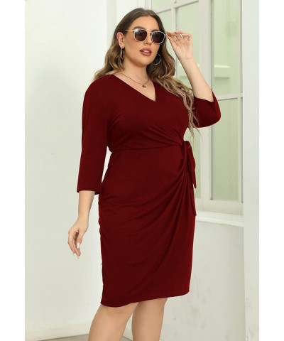 Womens Plus Size Ruched Wrap Dress Pleated Bodycon Midi Casual Party Work Dress NEM303 Wine1 $16.80 Dresses