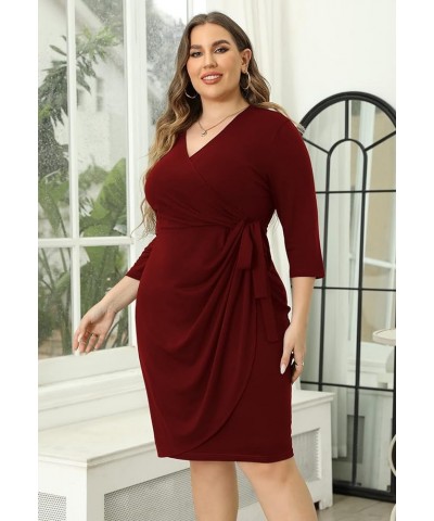 Womens Plus Size Ruched Wrap Dress Pleated Bodycon Midi Casual Party Work Dress NEM303 Wine1 $16.80 Dresses