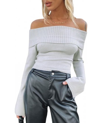 Y2k Off Shoulder Crop Top for Women Sexy Long Sleeve Rib Knit Slim Fit Sweater Tops Casual Going Out Streetwear C-1 Gray Whit...