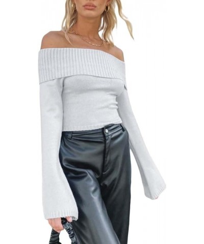 Y2k Off Shoulder Crop Top for Women Sexy Long Sleeve Rib Knit Slim Fit Sweater Tops Casual Going Out Streetwear C-1 Gray Whit...