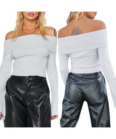 Y2k Off Shoulder Crop Top for Women Sexy Long Sleeve Rib Knit Slim Fit Sweater Tops Casual Going Out Streetwear C-1 Gray Whit...