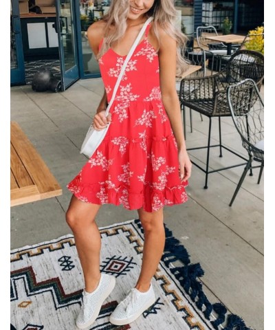 Women Floral Casual Tiered Mini Dresses Spaghetti Strap V Neck Backless A Line Swing Short Dress with Pockets White Floral Pr...