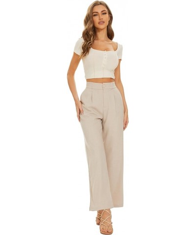 FUNYYZO Women Wide Leg High Waist Linen Pants Back Elastic Waist Work Casual Trousers Light Khaki $21.60 Pants