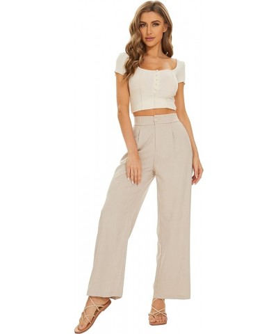 FUNYYZO Women Wide Leg High Waist Linen Pants Back Elastic Waist Work Casual Trousers Light Khaki $21.60 Pants