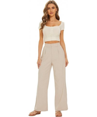 FUNYYZO Women Wide Leg High Waist Linen Pants Back Elastic Waist Work Casual Trousers Light Khaki $21.60 Pants