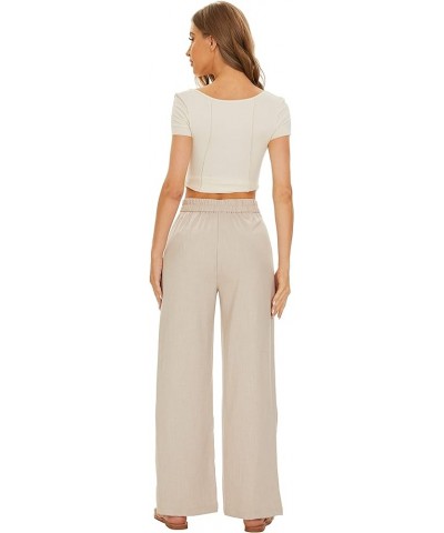 FUNYYZO Women Wide Leg High Waist Linen Pants Back Elastic Waist Work Casual Trousers Light Khaki $21.60 Pants