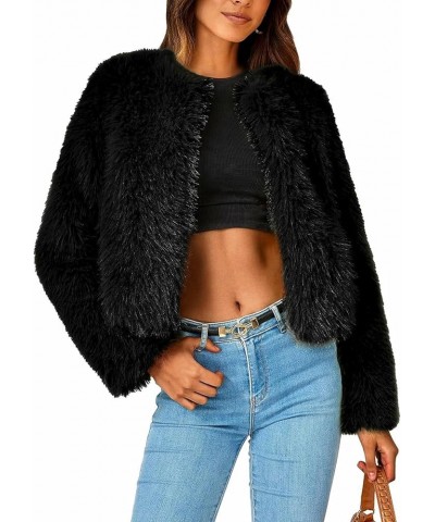 Women's Fleece Cropped Jacket Winter Open Front Coats Faux Fur Long Sleeve Fluffy Shaggy Warm Outerwear Fall Clothes Black $2...