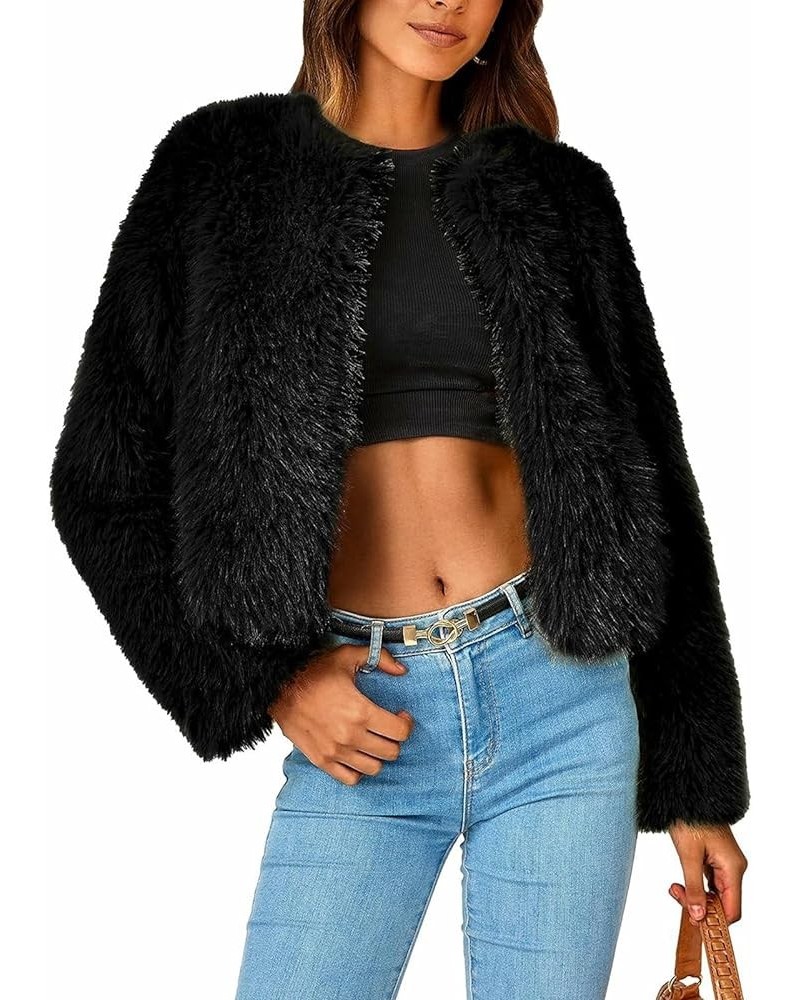 Women's Fleece Cropped Jacket Winter Open Front Coats Faux Fur Long Sleeve Fluffy Shaggy Warm Outerwear Fall Clothes Black $2...