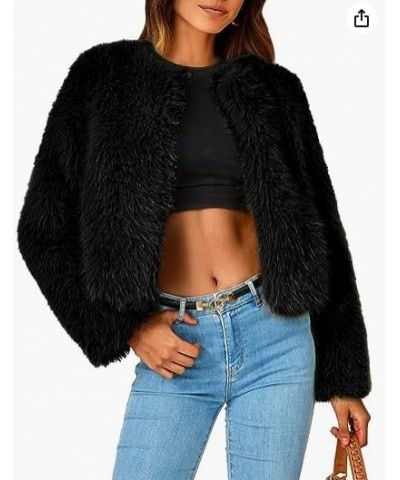 Women's Fleece Cropped Jacket Winter Open Front Coats Faux Fur Long Sleeve Fluffy Shaggy Warm Outerwear Fall Clothes Black $2...