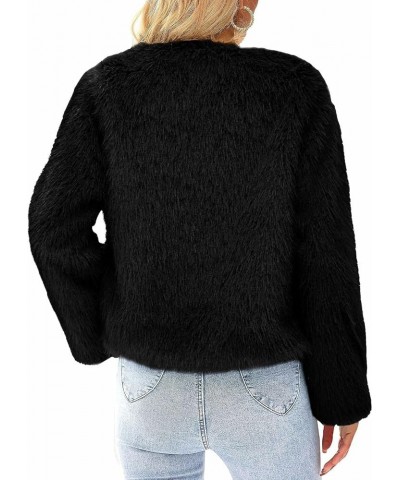 Women's Fleece Cropped Jacket Winter Open Front Coats Faux Fur Long Sleeve Fluffy Shaggy Warm Outerwear Fall Clothes Black $2...