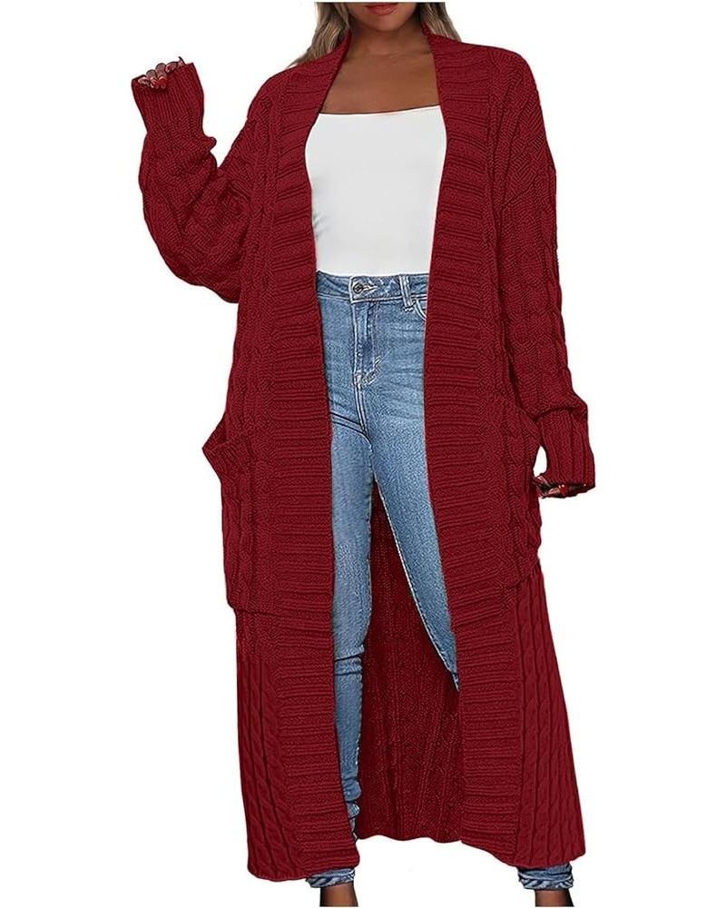 Long Cardigan Sweaters for Women Coats Cable Knit Casual Open Front Long Sleeve Sweater with Pockets N203-red Black Friday De...