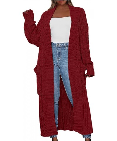 Long Cardigan Sweaters for Women Coats Cable Knit Casual Open Front Long Sleeve Sweater with Pockets N203-red Black Friday De...