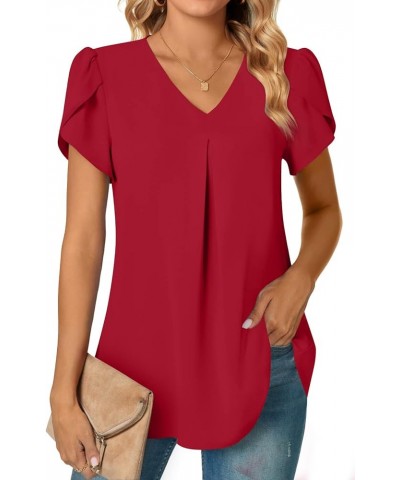 Women's Plus Size Summer Dressy Chiffon Blouses Short Sleeve V Neck Tunic Tops for Leggings Casual T-Shirts Petal /Red $15.65...