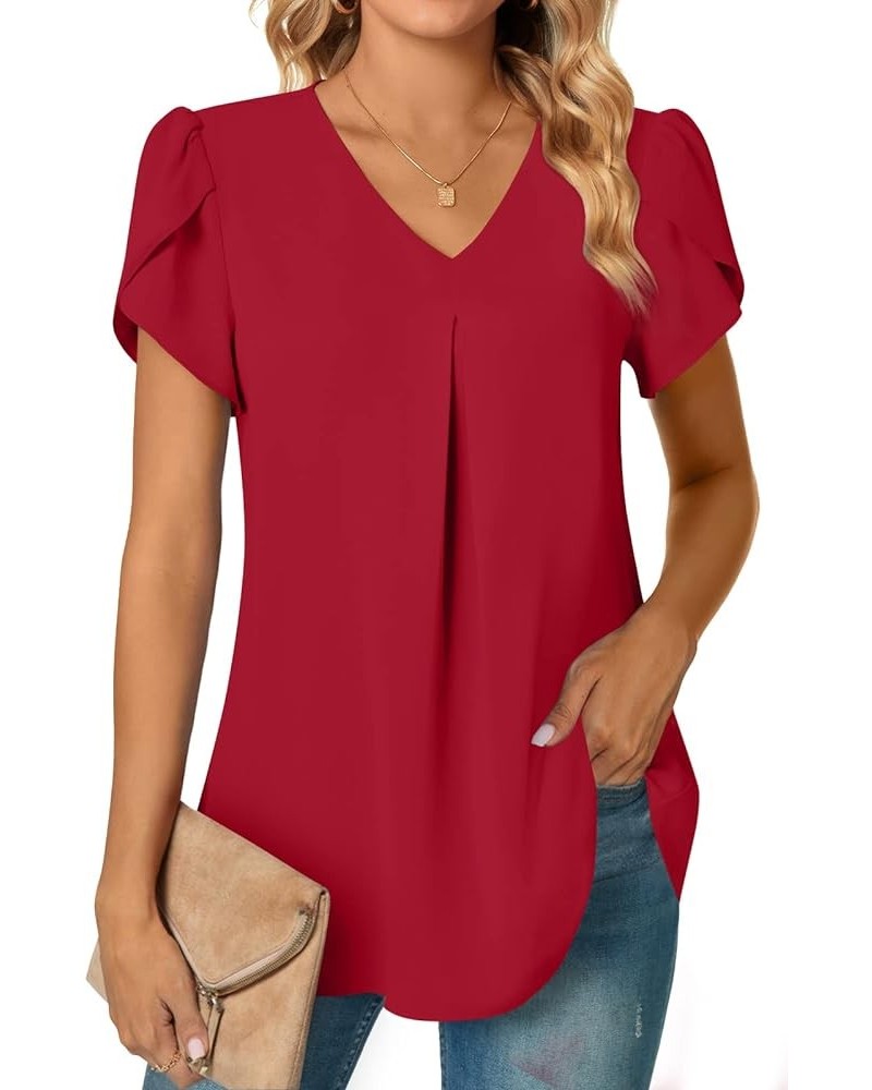 Women's Plus Size Summer Dressy Chiffon Blouses Short Sleeve V Neck Tunic Tops for Leggings Casual T-Shirts Petal /Red $15.65...