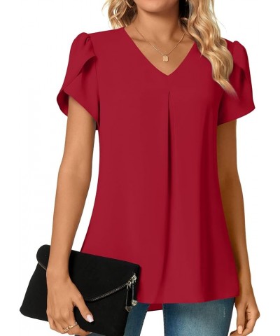 Women's Plus Size Summer Dressy Chiffon Blouses Short Sleeve V Neck Tunic Tops for Leggings Casual T-Shirts Petal /Red $15.65...