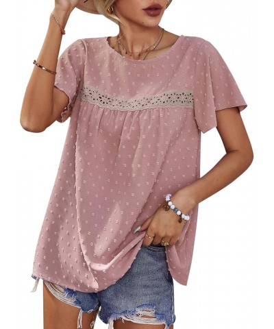 WNXXCD Short Sleeve Shirts for Women Crew Neck Ruffle Sleeve Tops Lace Crochet Swiss Dot Dressy Blouses Pink $15.99 Blouses