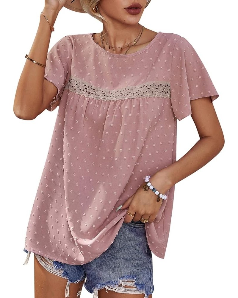 WNXXCD Short Sleeve Shirts for Women Crew Neck Ruffle Sleeve Tops Lace Crochet Swiss Dot Dressy Blouses Pink $15.99 Blouses