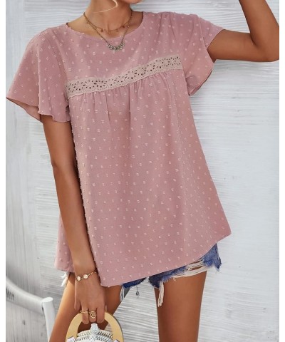 WNXXCD Short Sleeve Shirts for Women Crew Neck Ruffle Sleeve Tops Lace Crochet Swiss Dot Dressy Blouses Pink $15.99 Blouses