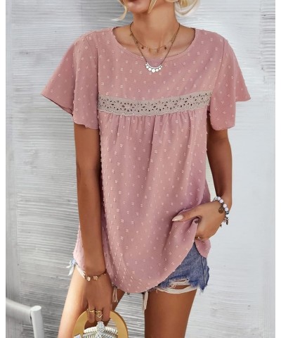 WNXXCD Short Sleeve Shirts for Women Crew Neck Ruffle Sleeve Tops Lace Crochet Swiss Dot Dressy Blouses Pink $15.99 Blouses