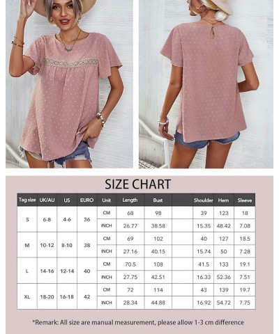 WNXXCD Short Sleeve Shirts for Women Crew Neck Ruffle Sleeve Tops Lace Crochet Swiss Dot Dressy Blouses Pink $15.99 Blouses