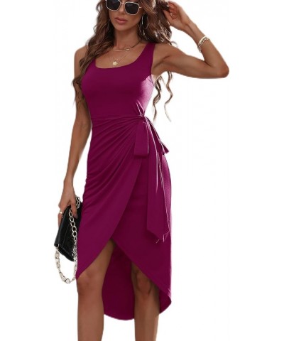 Women's Wrap Tie Side Scoop Neck Bodycon Midi Dress Sleeveless Asymmetrical Tank Dresses Red Violet $9.53 Dresses