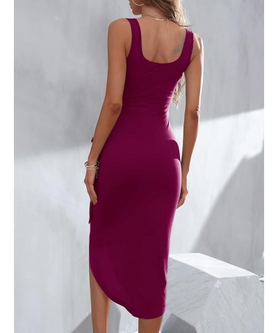 Women's Wrap Tie Side Scoop Neck Bodycon Midi Dress Sleeveless Asymmetrical Tank Dresses Red Violet $9.53 Dresses