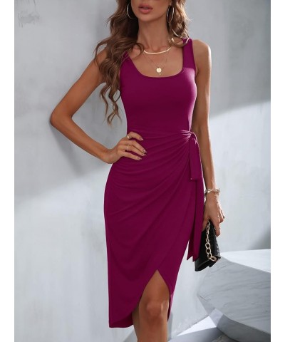 Women's Wrap Tie Side Scoop Neck Bodycon Midi Dress Sleeveless Asymmetrical Tank Dresses Red Violet $9.53 Dresses