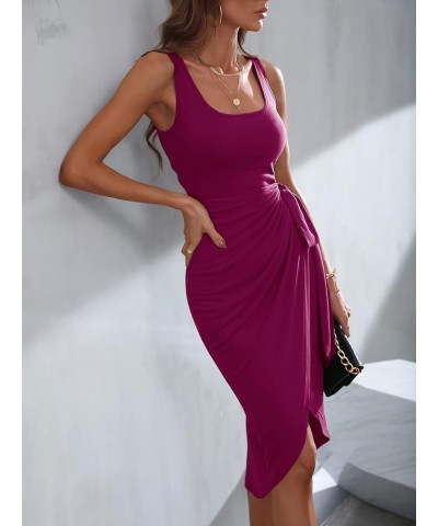 Women's Wrap Tie Side Scoop Neck Bodycon Midi Dress Sleeveless Asymmetrical Tank Dresses Red Violet $9.53 Dresses