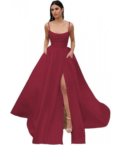 Spaghetti Straps Satin Pleated Prom Dresses A Line Side Split Ball Gowns Party Dress for Women RS080 Wine Red $33.00 Dresses