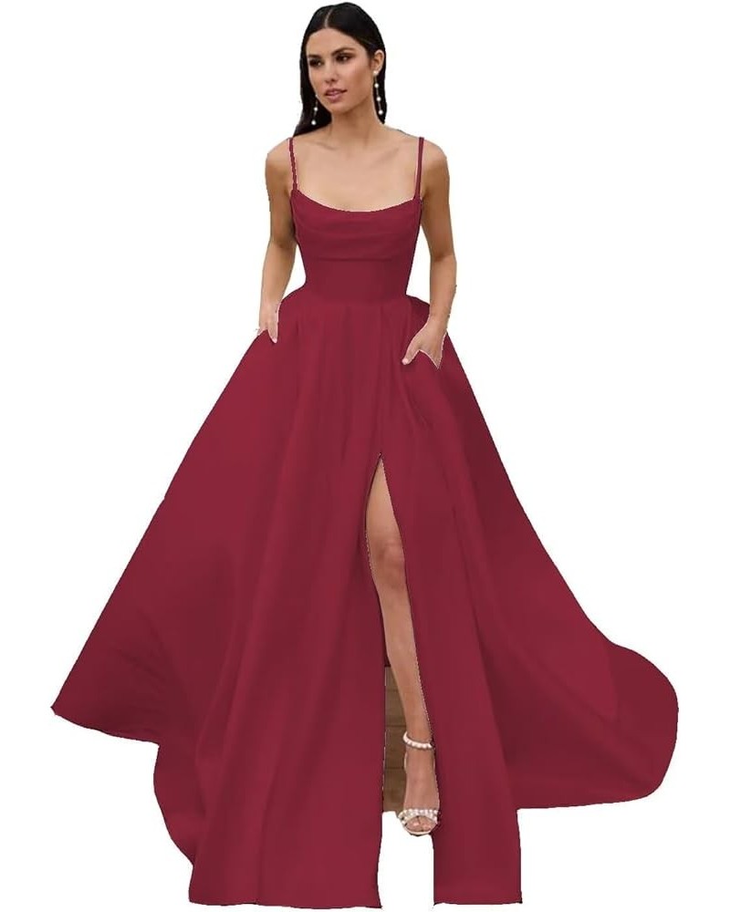 Spaghetti Straps Satin Pleated Prom Dresses A Line Side Split Ball Gowns Party Dress for Women RS080 Wine Red $33.00 Dresses