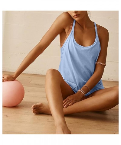 Women's Summer Mini Dress Casual Sleeveless Sports Spaghetti Straps Golf Athletic Dresses with Shorts Blue $8.99 Activewear