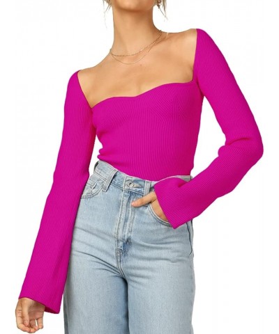 Womens Sweater Tops Sweetheart Neck Ribbed Bustier Corset Knit Long Sleeve Pullover Sweater Top Rose Red $14.62 Sweaters