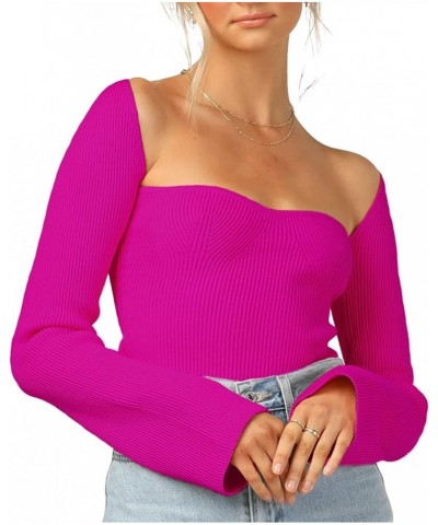 Womens Sweater Tops Sweetheart Neck Ribbed Bustier Corset Knit Long Sleeve Pullover Sweater Top Rose Red $14.62 Sweaters