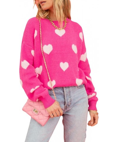 Valentines Day Sweater for Women Knit Long Sleeve Crewneck Cute Heart Sweater Pullover Jumper Tops F Rose Red $11.27 Sweaters