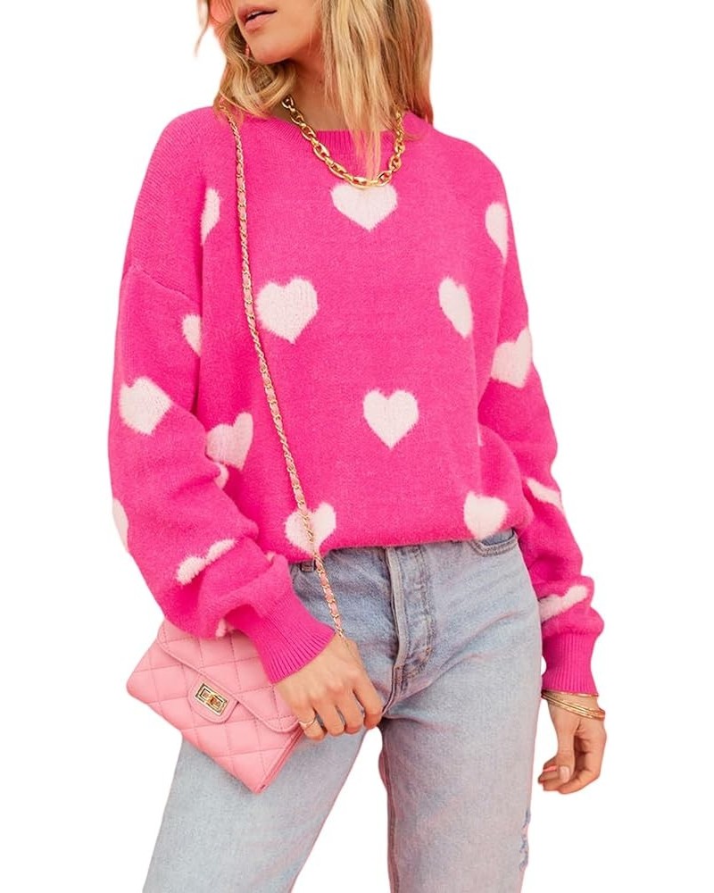 Valentines Day Sweater for Women Knit Long Sleeve Crewneck Cute Heart Sweater Pullover Jumper Tops F Rose Red $11.27 Sweaters