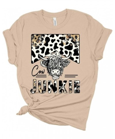 Woman Cow Junkie T-Shirt Cute Western Shirt Casual Graphic Tee Short Sleeve Top Tan $11.46 T-Shirts