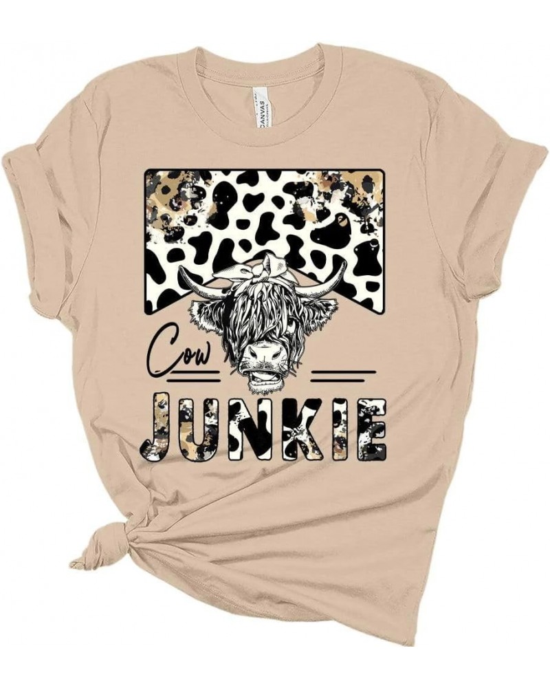 Woman Cow Junkie T-Shirt Cute Western Shirt Casual Graphic Tee Short Sleeve Top Tan $11.46 T-Shirts