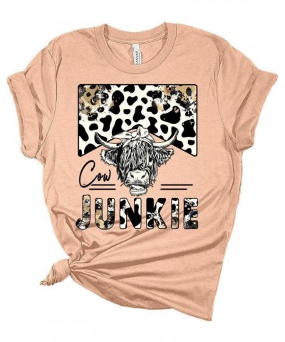 Woman Cow Junkie T-Shirt Cute Western Shirt Casual Graphic Tee Short Sleeve Top Tan $11.46 T-Shirts