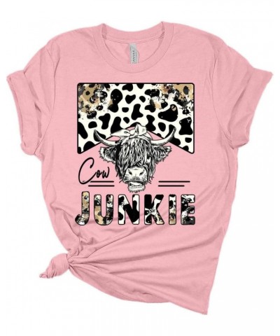 Woman Cow Junkie T-Shirt Cute Western Shirt Casual Graphic Tee Short Sleeve Top Tan $11.46 T-Shirts