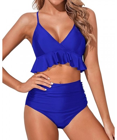 Women Two Piece Swimsuits High Waisted Bikini Set Ruffle Flounce Tummy Control Bottoms Bathing Suit Royal Blue $15.48 Swimsuits