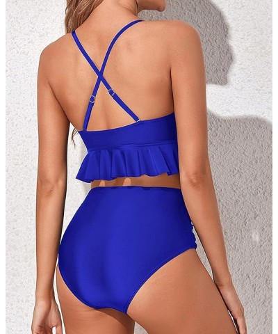 Women Two Piece Swimsuits High Waisted Bikini Set Ruffle Flounce Tummy Control Bottoms Bathing Suit Royal Blue $15.48 Swimsuits