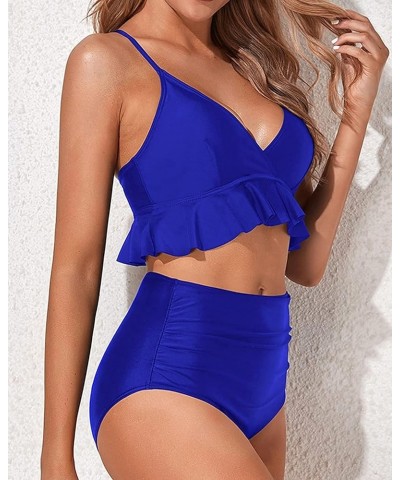 Women Two Piece Swimsuits High Waisted Bikini Set Ruffle Flounce Tummy Control Bottoms Bathing Suit Royal Blue $15.48 Swimsuits