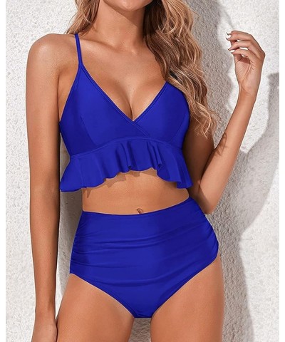 Women Two Piece Swimsuits High Waisted Bikini Set Ruffle Flounce Tummy Control Bottoms Bathing Suit Royal Blue $15.48 Swimsuits