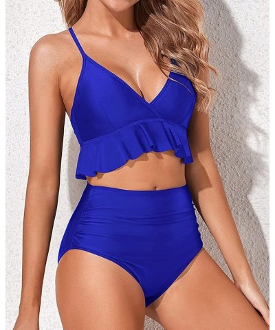 Women Two Piece Swimsuits High Waisted Bikini Set Ruffle Flounce Tummy Control Bottoms Bathing Suit Royal Blue $15.48 Swimsuits