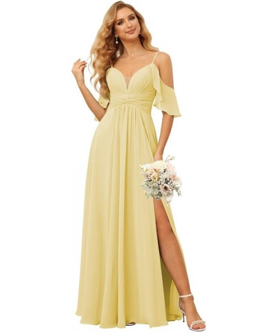 Off The Shoulder Chiffon Bridesmaid Dress with Slit A Line Empire Waist Pleats Bridesmaid Dress Long for Women RS036 Canary $...