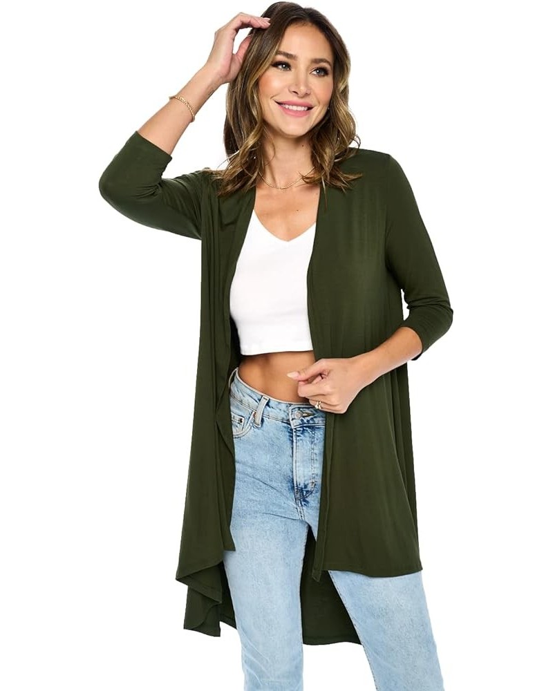 Women's 3/4 Sleeve Soft Open Front Casual Flowy Long Viscose Made from Bamboo Cardigan Olive $15.84 Sweaters