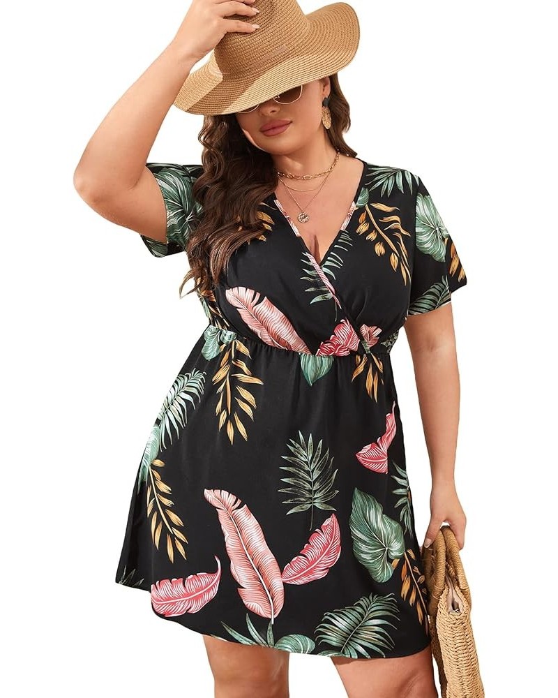 Women's Plus Size Tropical Short Sleeve Wrap V Neck A Line Flared Dress Black Green $16.52 Dresses