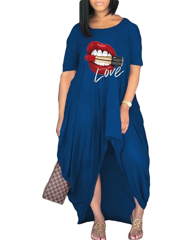 Long Sleeve Dress for Women Sexy Lip Print O Neck Loose T Shirt Casual Irregular Swing Maxi Dresses Fall Clubwear 02 Blue $17...