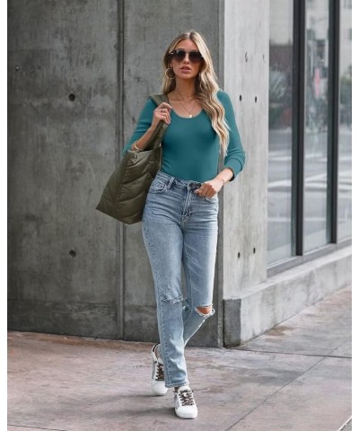 Summer Women's Scoop Neck Short Sleeve Shirts Ribbed Slim Fitted Casual Basic Top Blouses Long Sleeve Long-teal $12.47 Blouses